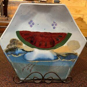 VTG Jerry Chappelle Art Pottery Ceramic Octagon Platter Watermelon Design